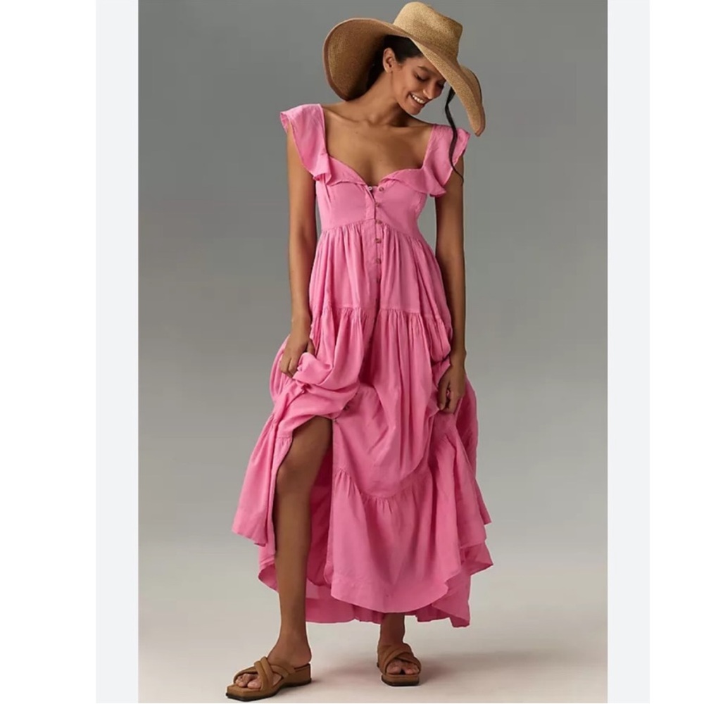 Anthropologie Pilcro Flutter Sleeve Tiered Dress Pink Maxi Button Front XL NEW - Picture 11 of 13
